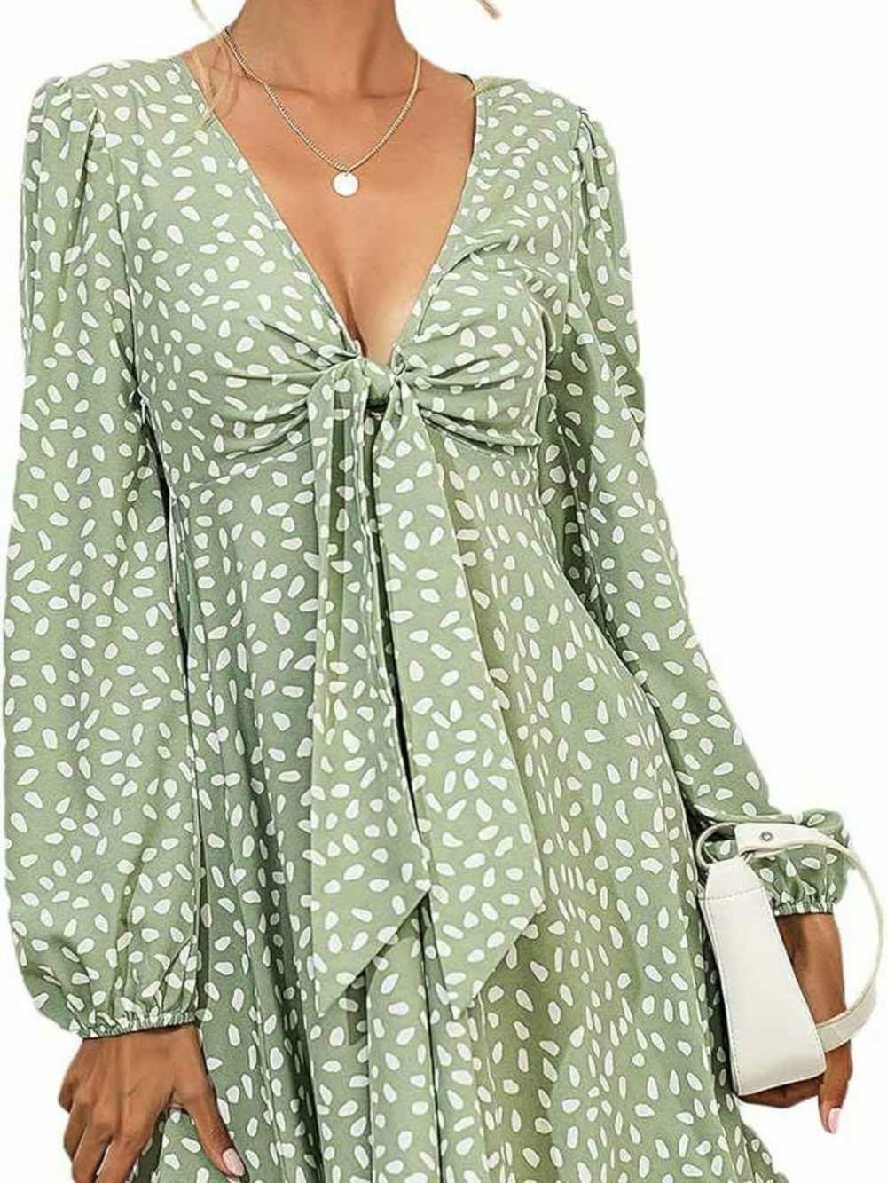 SHEIN Sage Green Long Sleeve Tie-Front Polka Dot Dress